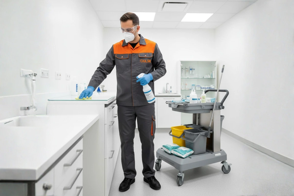 Agent formé au protocole de bionettoyage et désinfection en environnement médical à Rennes et en Ille-et-Vilaine.