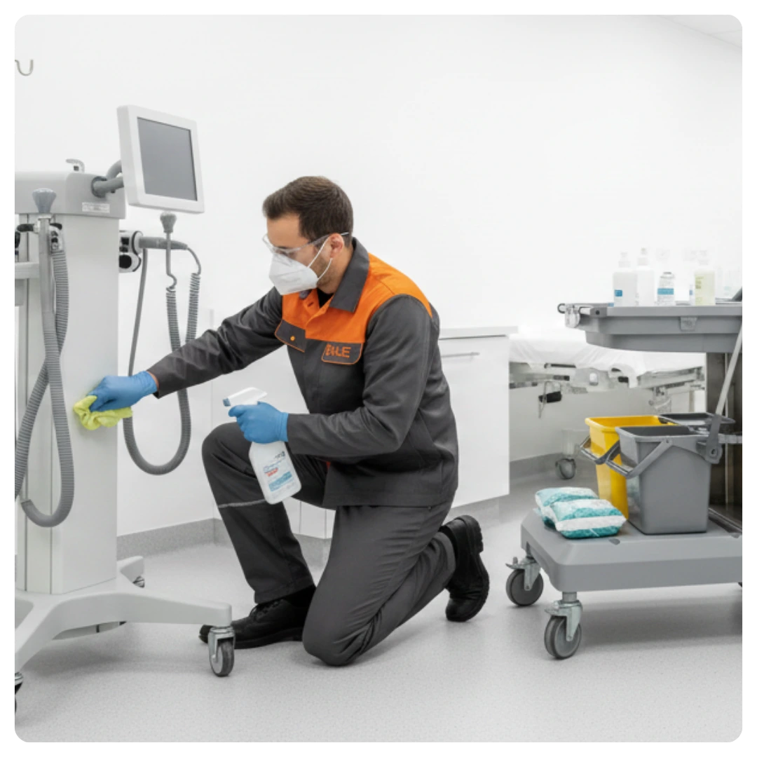 Agent professionnel intervenant pour le bionettoyage dans un centre de santé ou un laboratoire à Rennes.