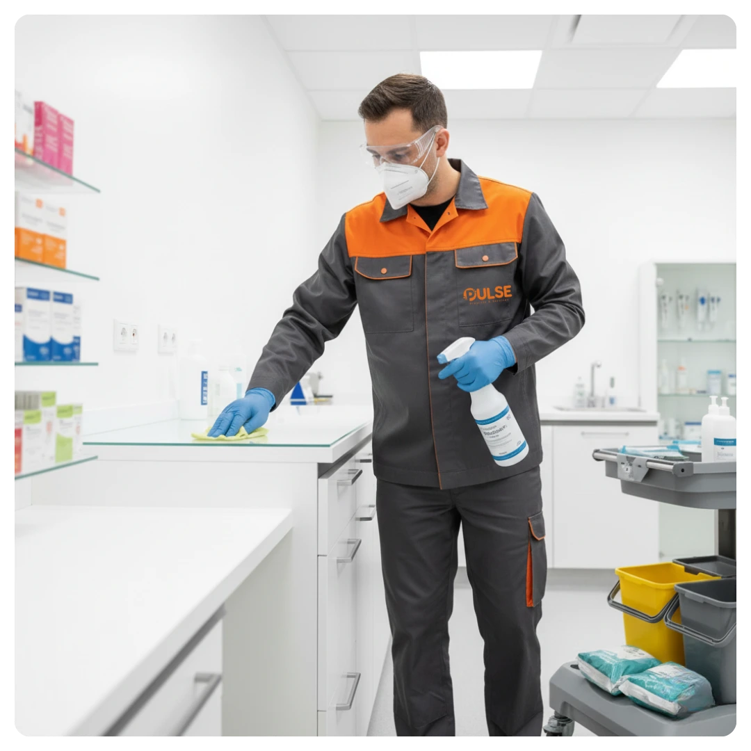 Bionettoyage et désinfection de pharmacie par un agent professionnel à Rennes et en Ille-et-Vilaine.