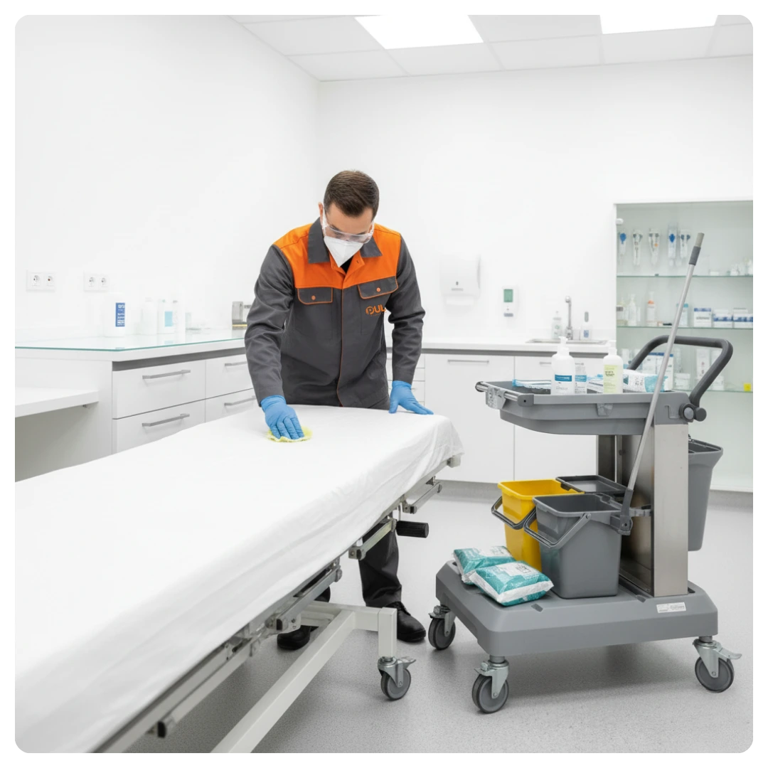 Agent en intervention de bionettoyage dans un local médical : clinique, laboratoire ou cabinet à Rennes.