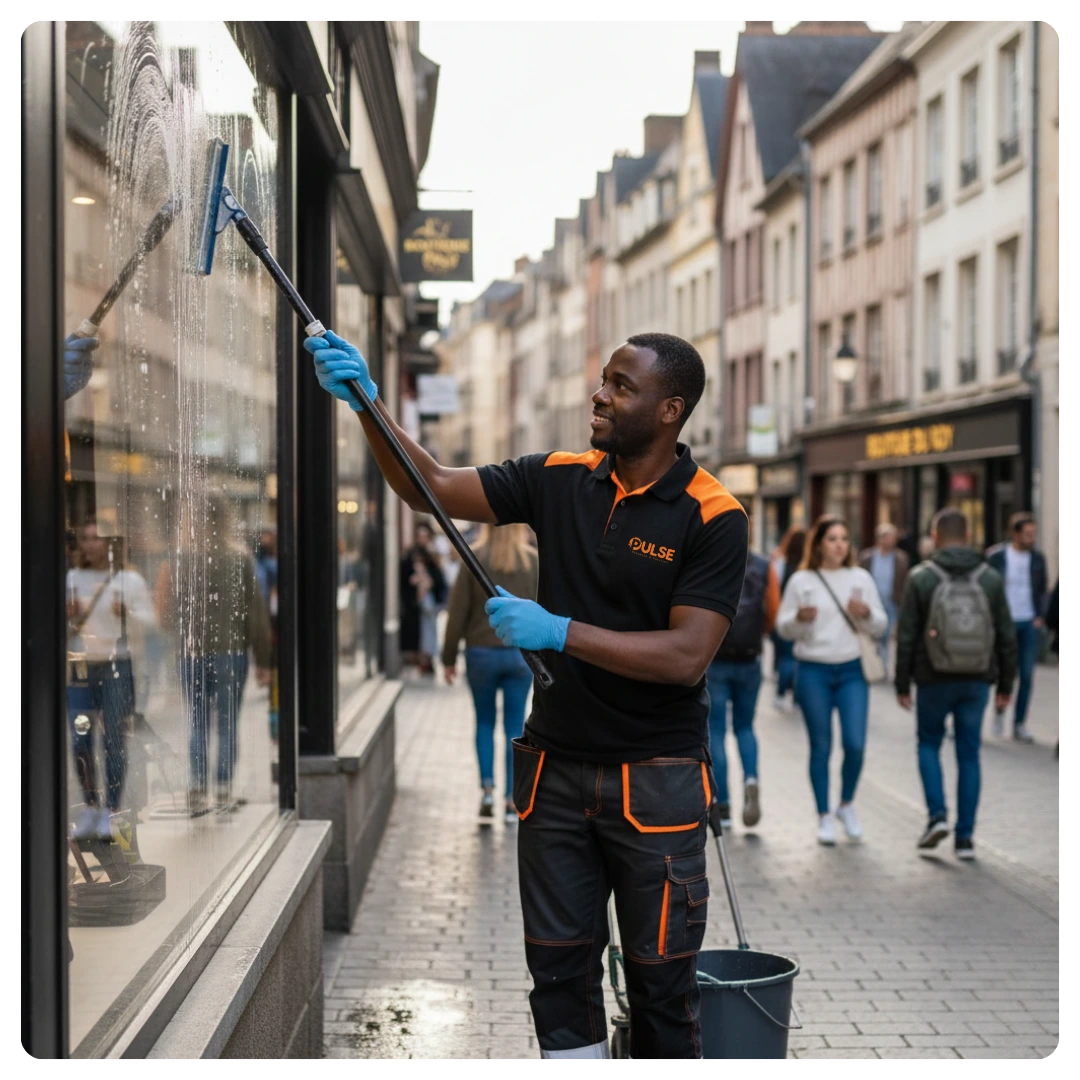 Laveur de vitres professionnel pour l'entretien de vitrines commerciales et façades de magasins à Rennes (35).