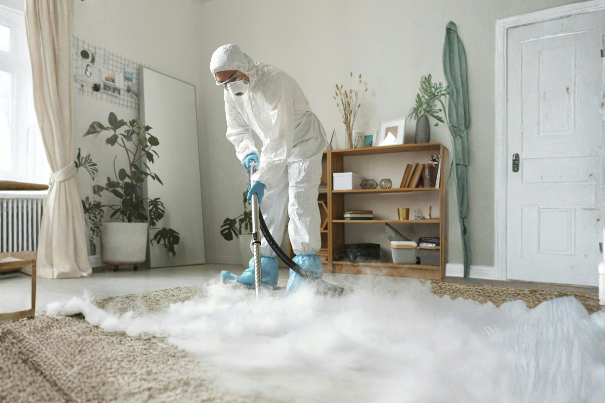 Intervention d'urgence de désinfection de tapis et moquettes par un agent Pulse Propreté à Rennes.