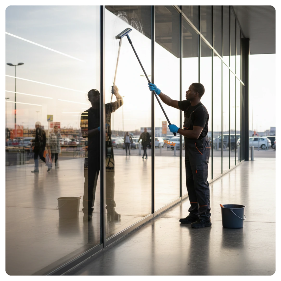 Nettoyage de vitres pour grandes surfaces commerciales (supermarchés, centres) à Rennes (35).