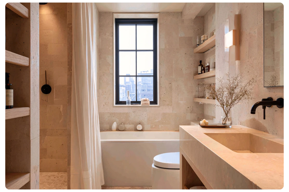 Salle de bain moderne étincelante après nettoyage professionnel en profondeur pour maison/appartement à Rennes.