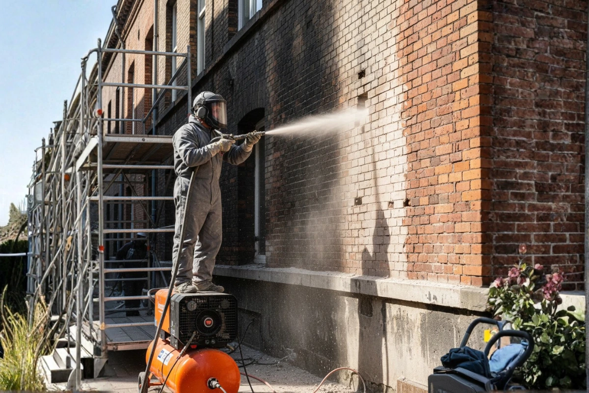 Aérogommage en cours sur une façade en pierre pour l'enlèvement de tags professionnel à Rennes.