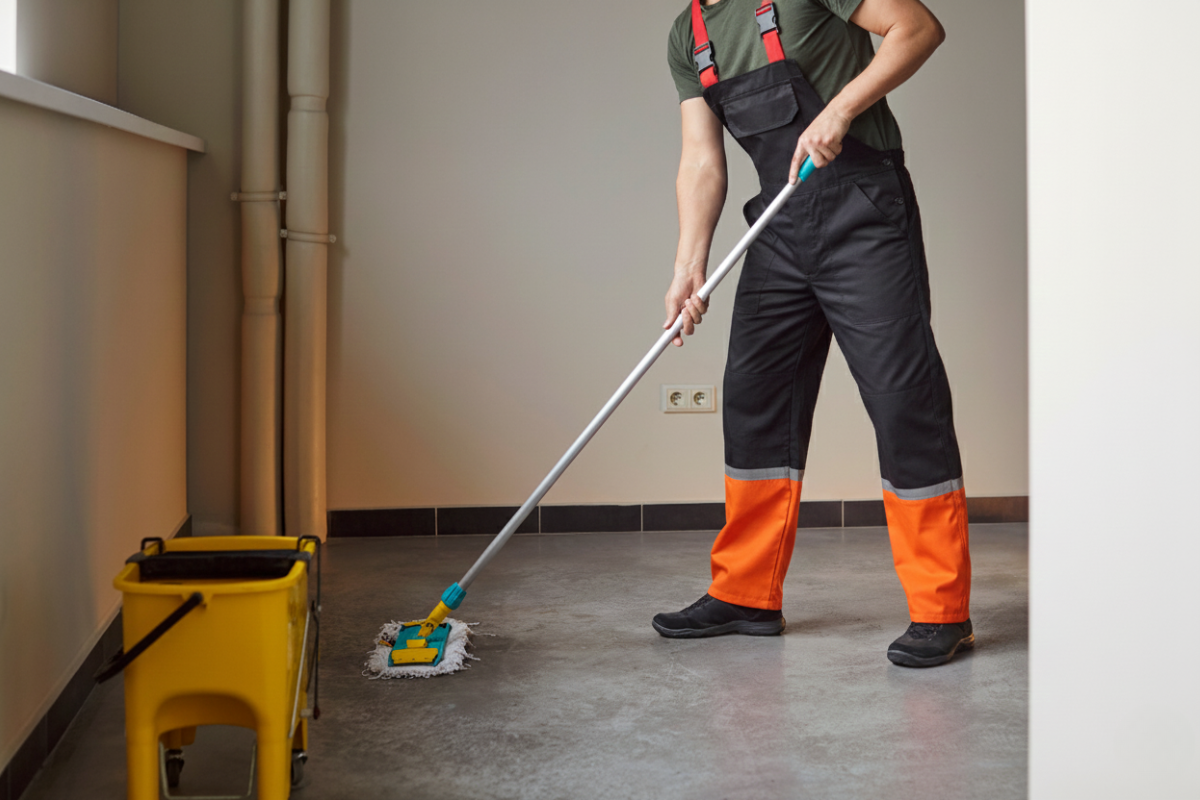 Nettoyage professionnel et décapage des sols (ciment, carrelage) après travaux de construction à Rennes.