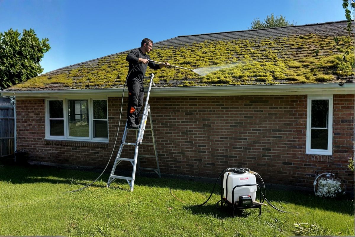 Démoussage de toiture avec basse pression et application de traitement fongicide à Rennes.