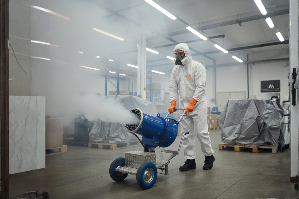Technicien utilisant un générateur de brouillard (nébuliseur) pour la désinfection et la désinsectisation à Rennes.