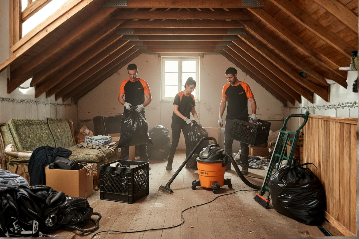 Équipe de Pulse Propreté en action pour un débarrassage d'encombrants dans un grenier à Rennes.