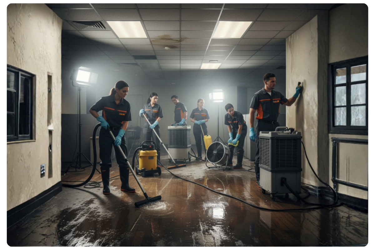 Équipe professionnelle de nettoyage après dégât des eaux en intervention d'urgence à Rennes (35).