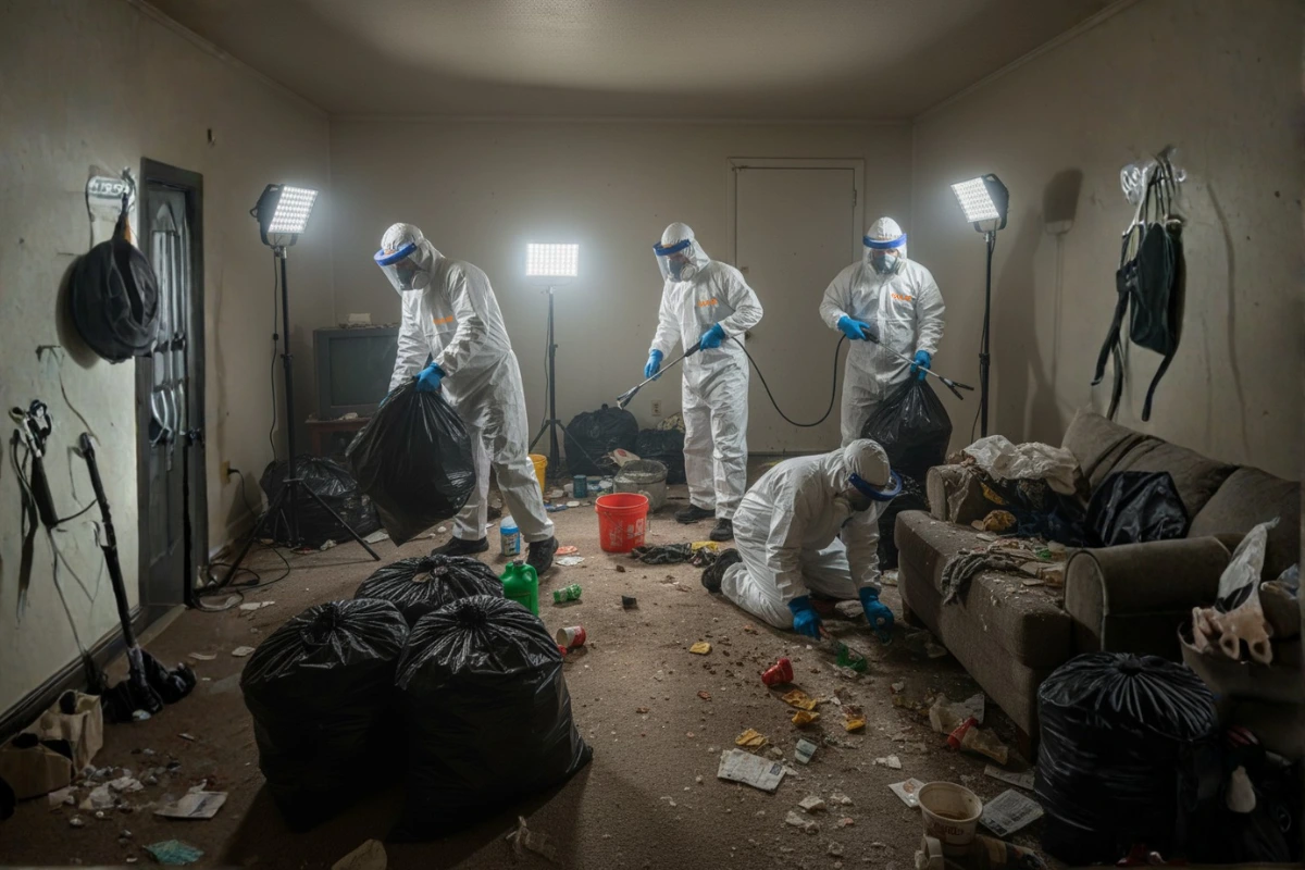 Équipe de nettoyage professionnel en tenue de protection en train de débarrasser un lieu insalubre à Rennes.