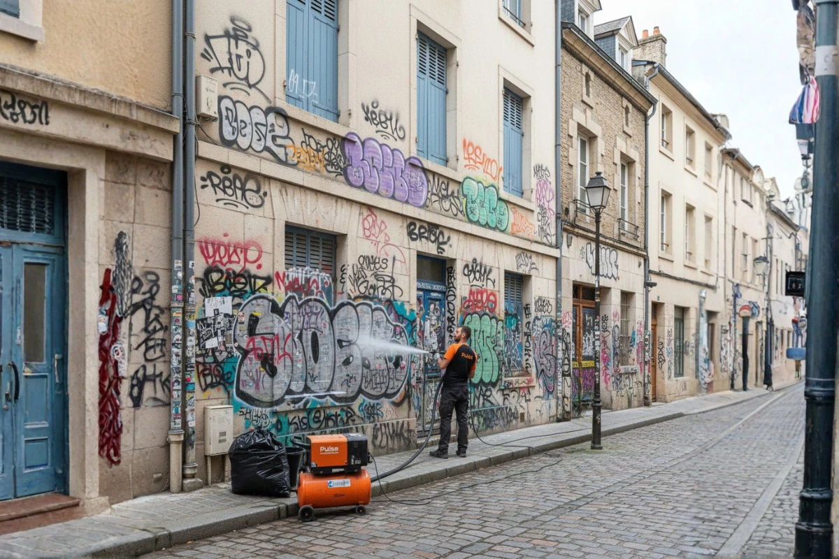 Équipe de Pulse Propreté en train d'intervenir sur une façade taguée avec équipement professionnel à Rennes.