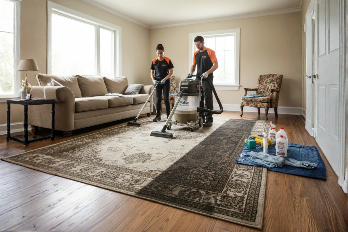 Équipe de Pulse Propreté en action utilisant une machine pour le nettoyage de moquette de bureau à Rennes.
