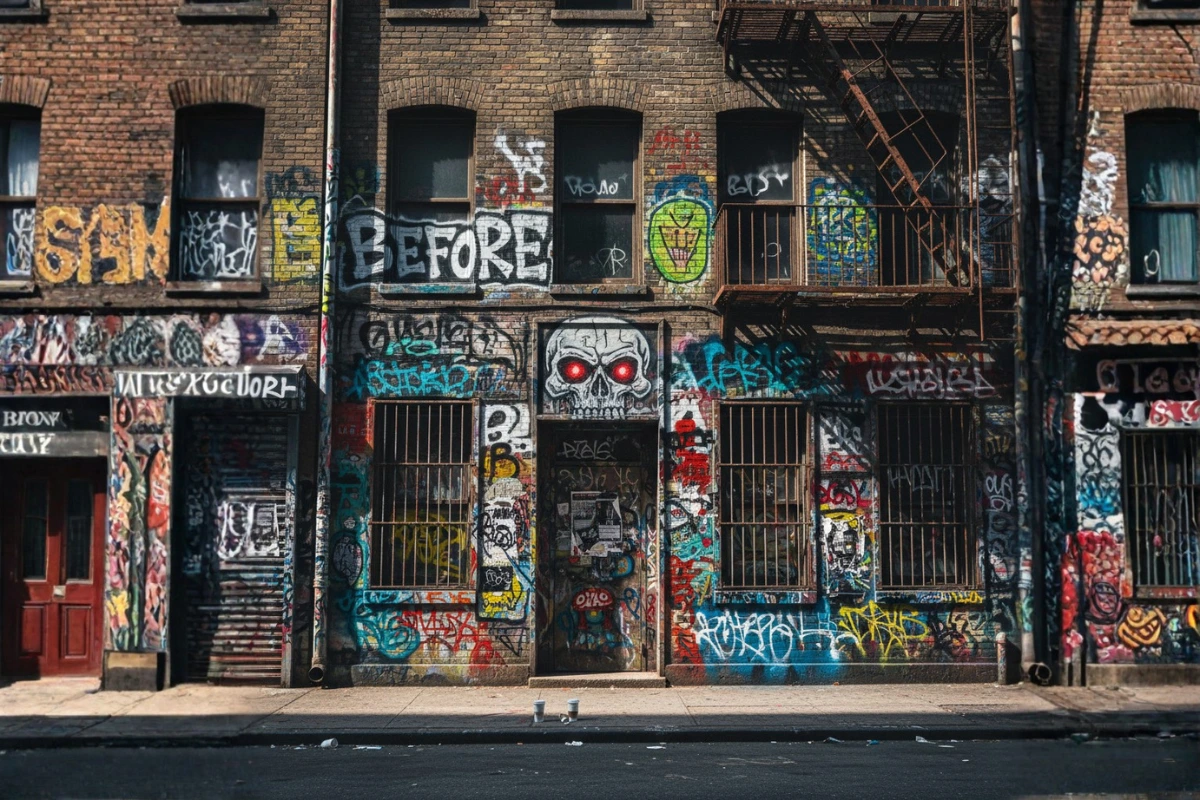 Façade de bâtiment taguée avant nettoyage professionnel et enlèvement de graffitis à Rennes.