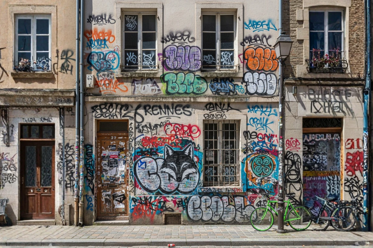 Façade taguée dans le centre-ville de Rennes (quartier République/Colombier) nécessitant un nettoyage.