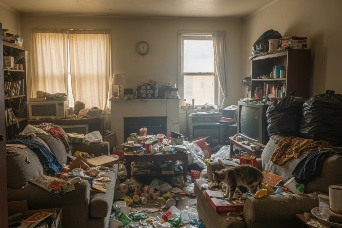 Logement atteint du syndrome de Diogène nécessitant un nettoyage spécialisé et un débarras à Rennes.