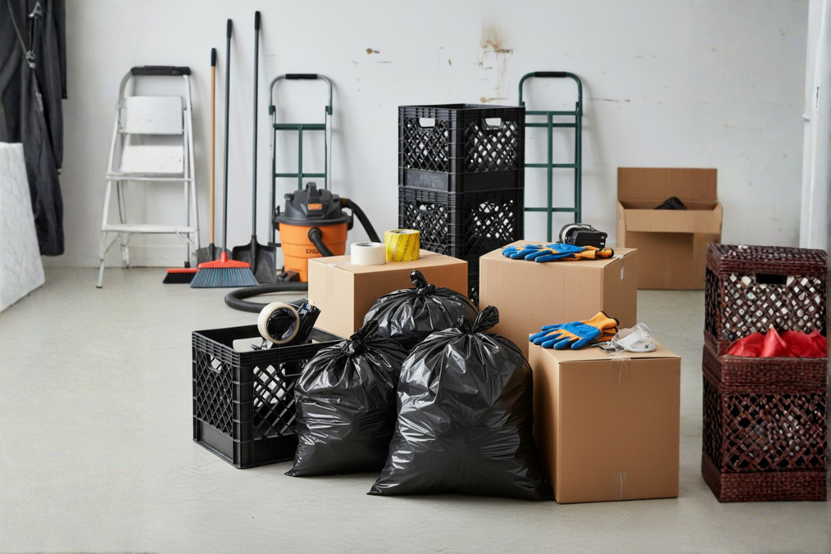 Matériel professionnel utilisé pour le débarrassage d'encombrants (bennes, diables, équipements de protection) à Rennes.