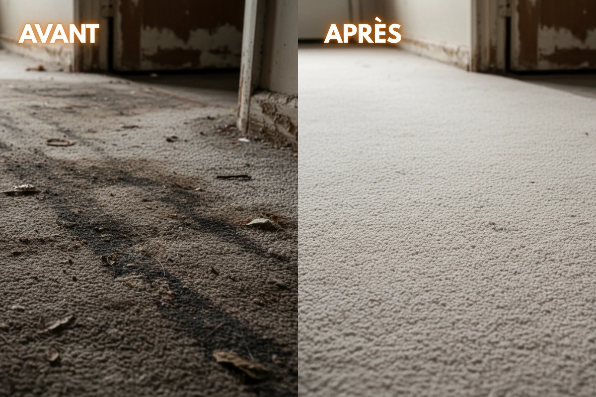 Moquette et tapis avant et après nettoyage professionnel par shampouinage et détachage à Rennes.