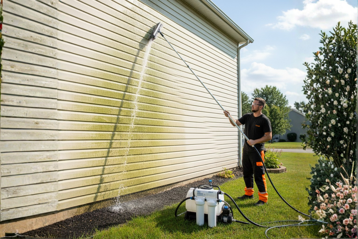 Nettoyage de bardage (métallique, bois) avec la méthode à l'eau pure pour une propreté écologique à Rennes.