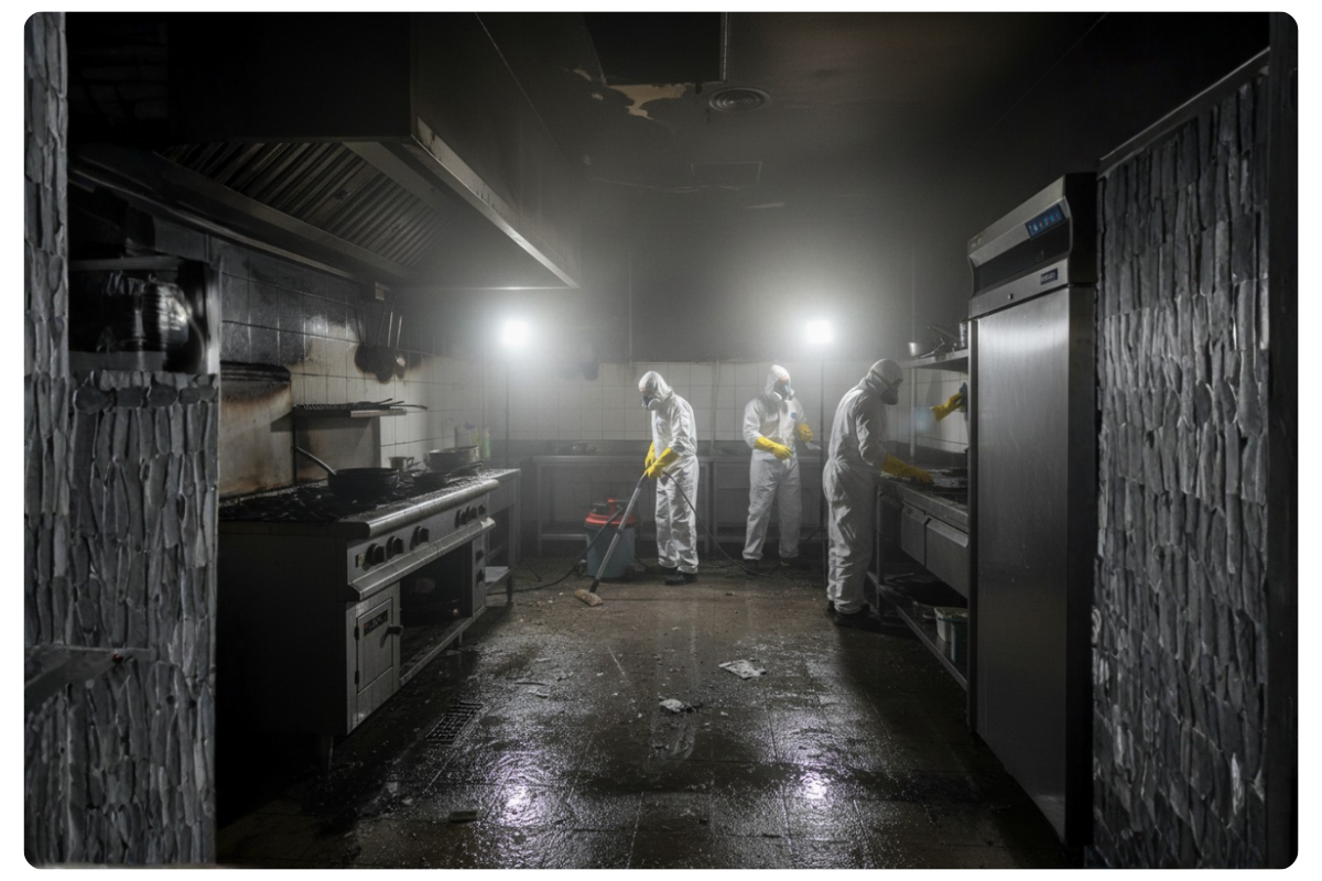 Nettoyage professionnel après incendie et traitement des suies dans une cuisine à Rennes.