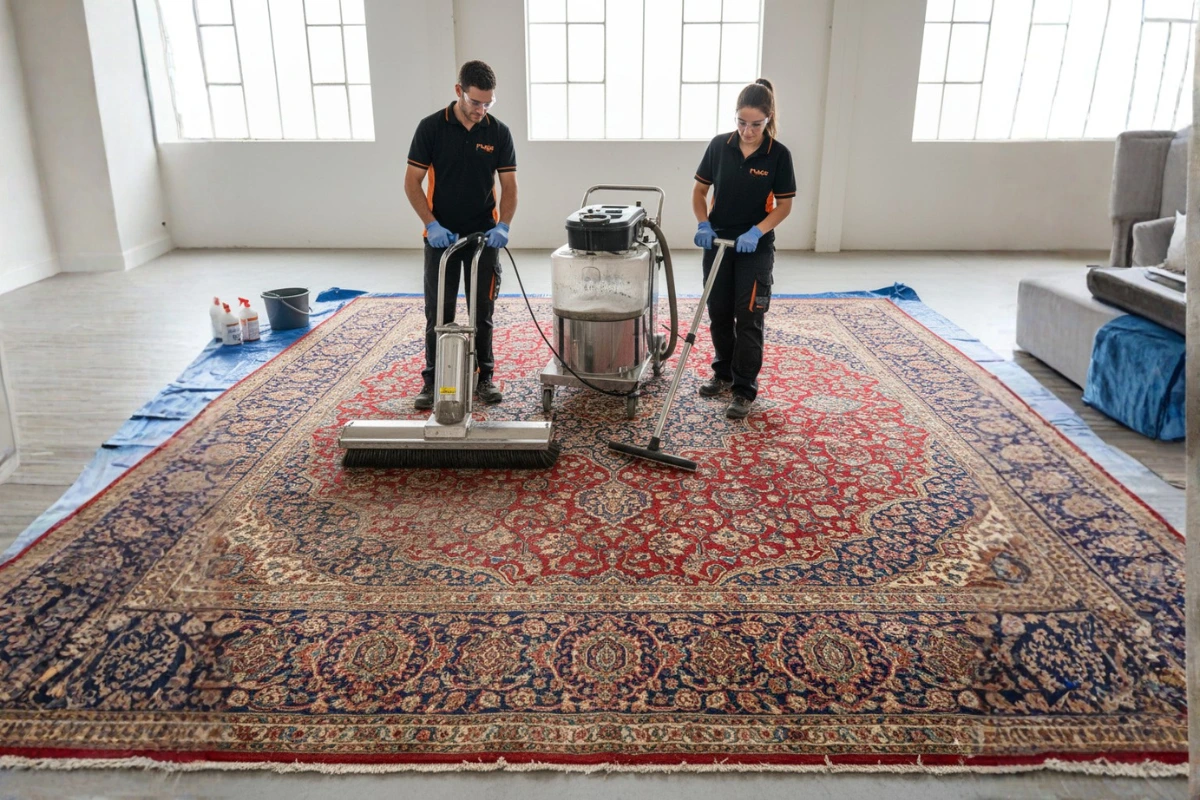 Tapis d'Orient précieux en cours de nettoyage professionnel avec traitement spécialisé à Rennes.