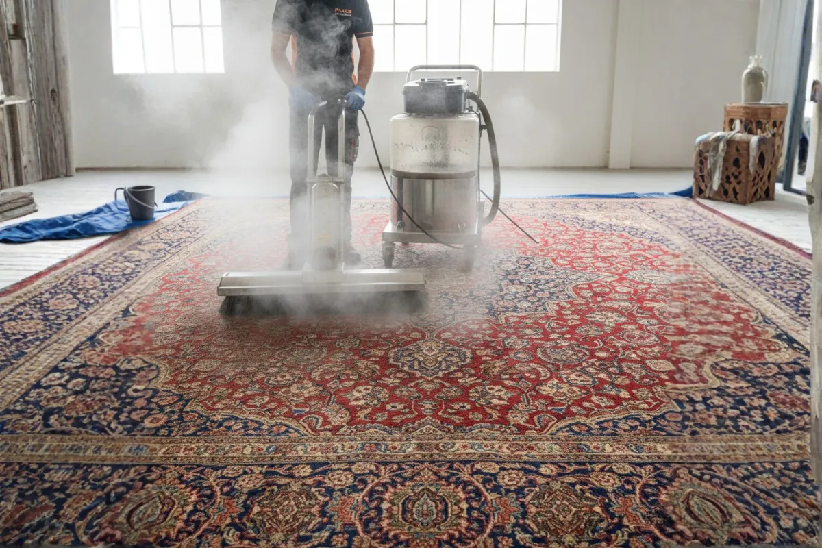 Intervention de nettoyage vapeur en cours sur un tapis professionnel pour une désinfection totale à Rennes.