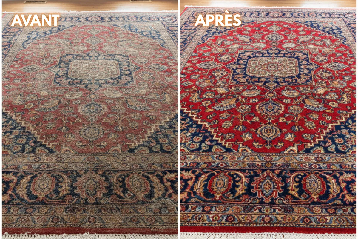 Tapis de bureau avant et après détachage et nettoyage en profondeur professionnel à Rennes.