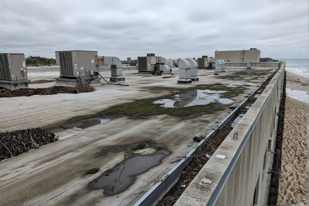 Toit de bâtiment encrassé par mousses et lichens nécessitant un nettoyage et démoussage professionnel à Rennes.