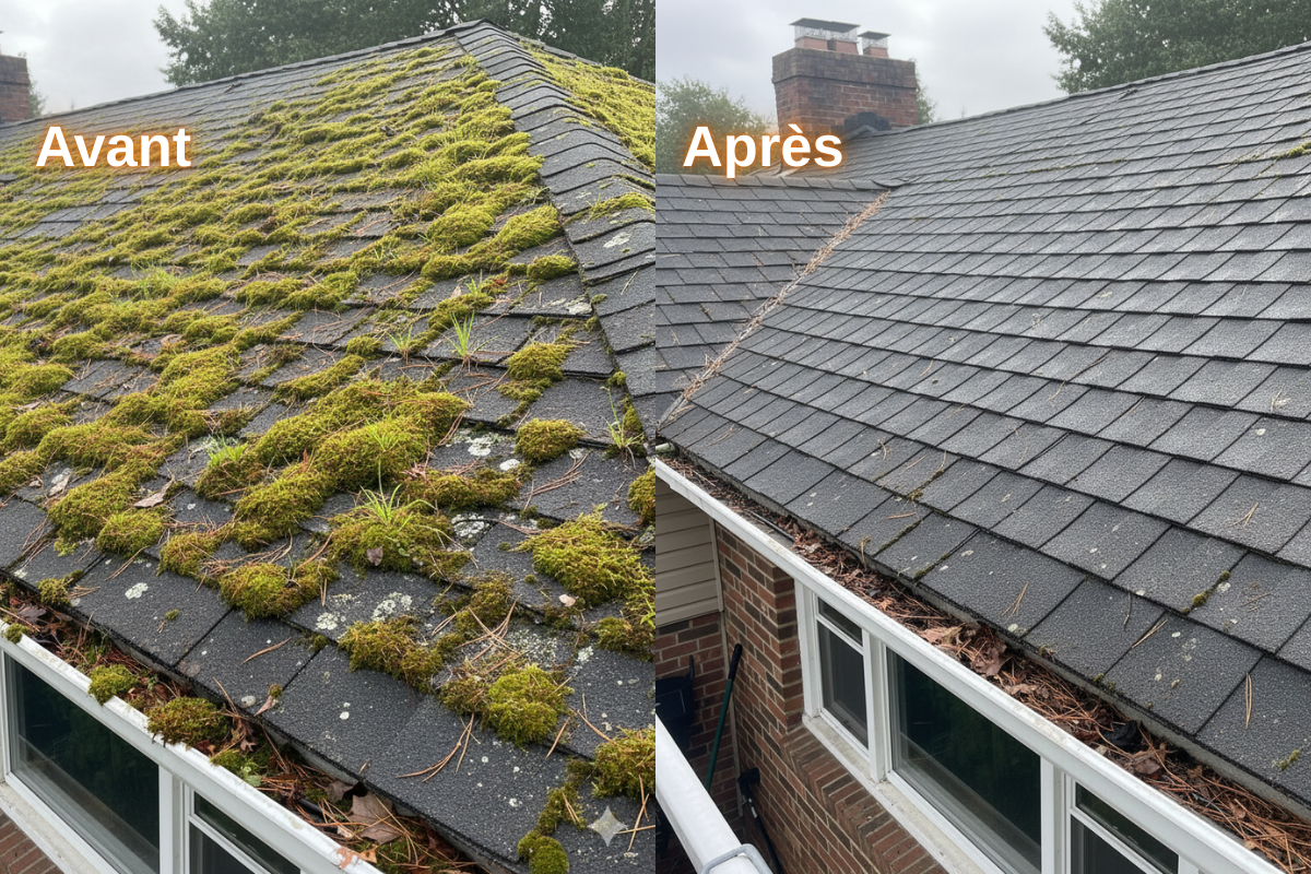 Toiture et bardage avant et après nettoyage professionnel par démoussage et traitement hydrofuge à Rennes.