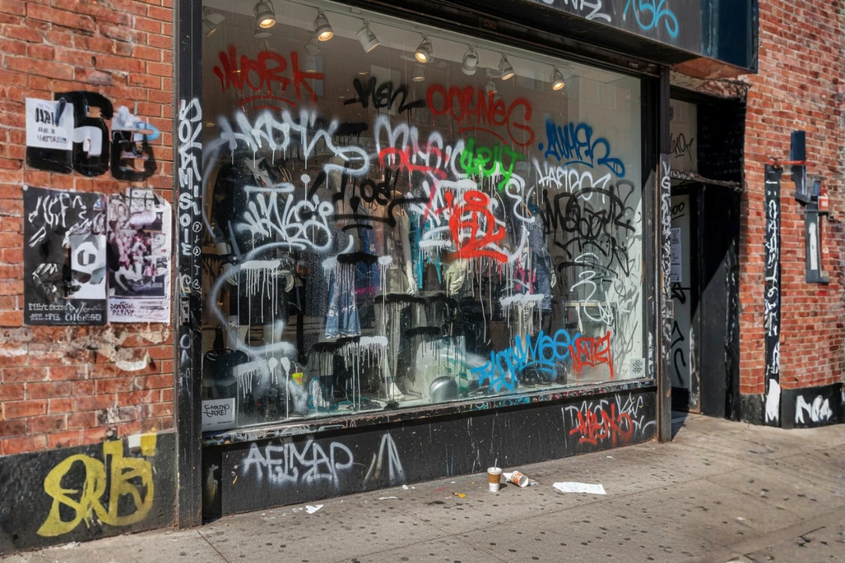 Vitrine de commerce taguée nécessitant un nettoyage urgent et enlèvement de tags à Rennes.