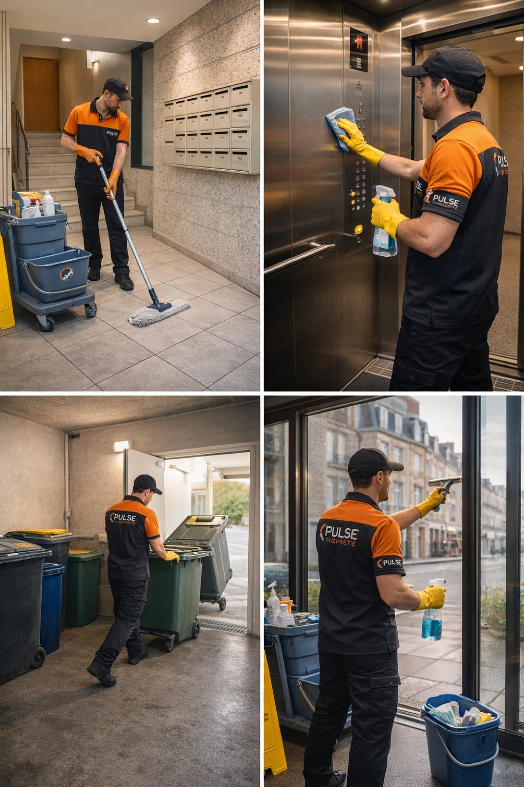 Agent Pulse Propreté intervenant dans les parties communes d'un immeuble